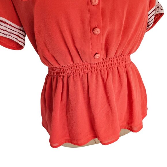Odille Anthropologie Silk Light Red Ruffle Collared Button Blouse Sz 10 - Picture 3 of 9